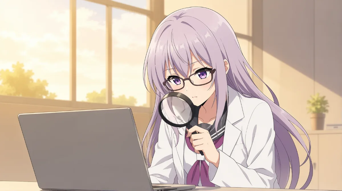 Soraya examining a laptop through a magnifying glass